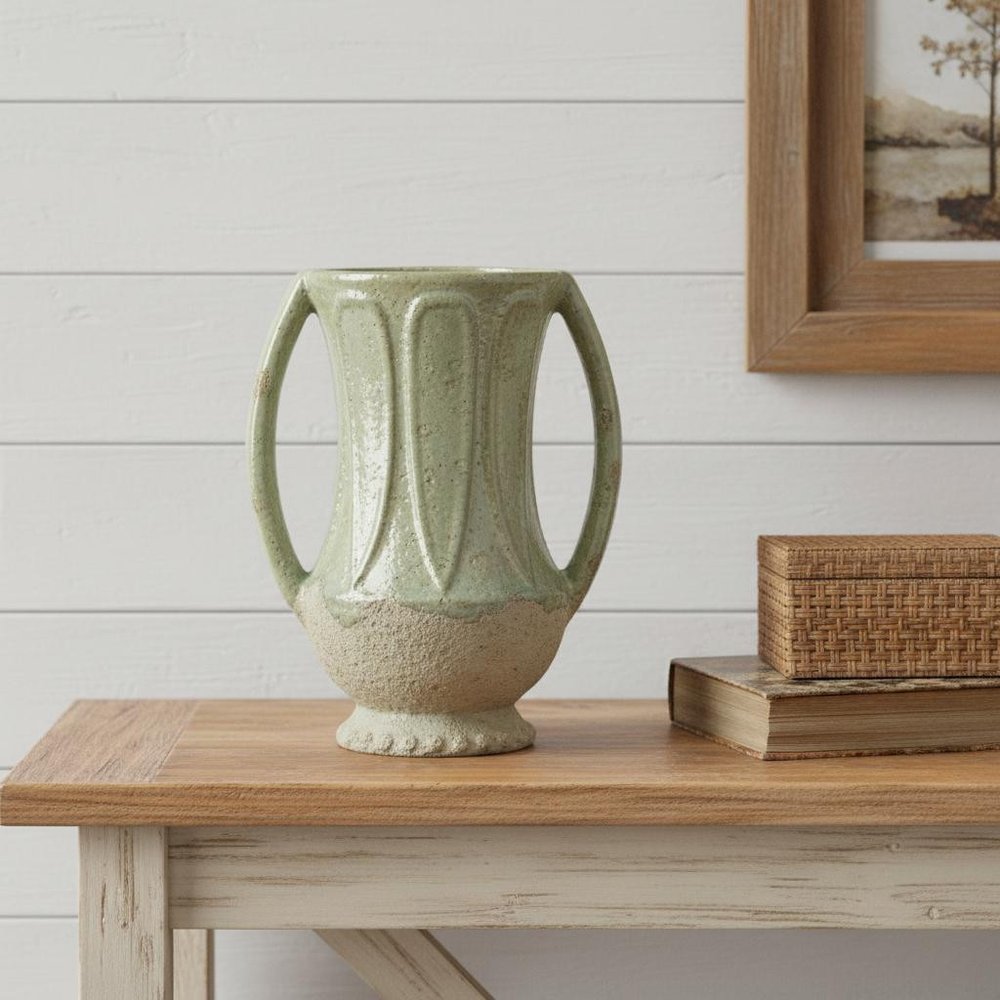 12" Sage And Ivory Amphora Ceramic Table Vase