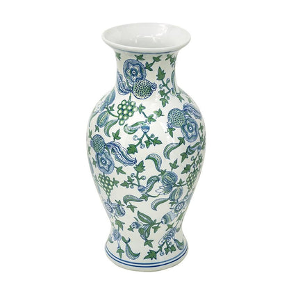 19" White Blue And Green Floral Urn Porcelain Table Vase