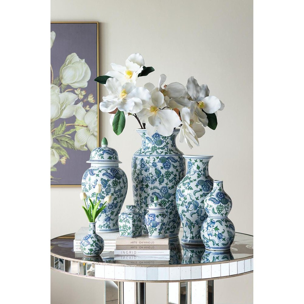 24" White Blue And Green And White Chinoiserie Porcelain Table Vase