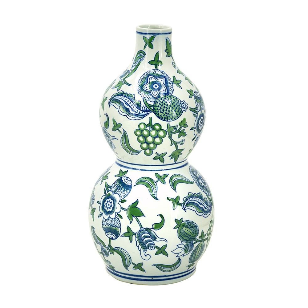 13" White Blue And Green Chinoiserie Porcelain Wavy Gourd Table Vase