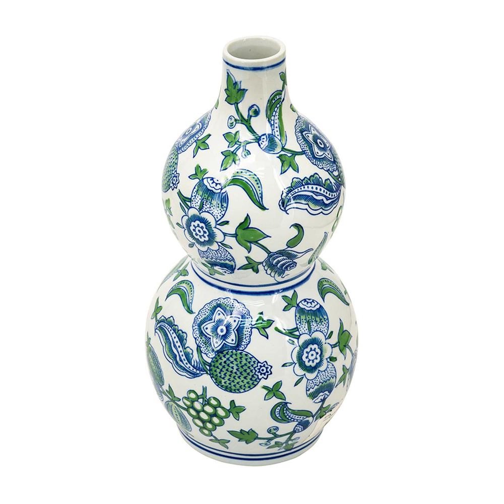 13" White Blue And Green Chinoiserie Porcelain Wavy Gourd Table Vase