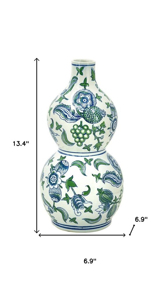 13" White Blue And Green Chinoiserie Porcelain Wavy Gourd Table Vase
