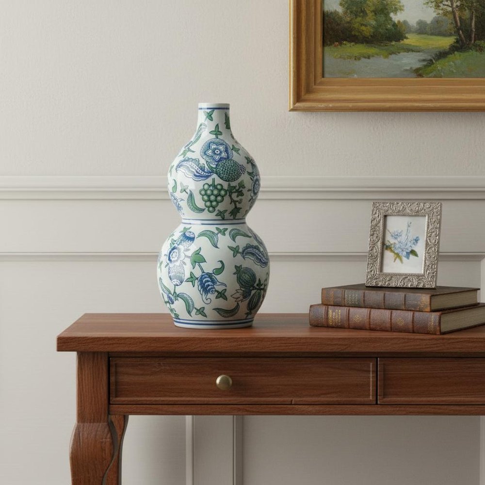 13" White Blue And Green Chinoiserie Porcelain Wavy Gourd Table Vase