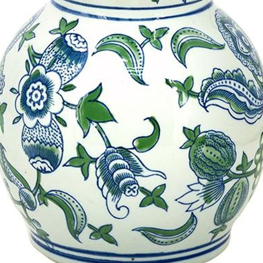 13" White Blue And Green Chinoiserie Porcelain Wavy Gourd Table Vase