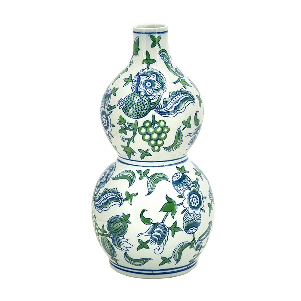 13" White Blue And Green Chinoiserie Porcelain Wavy Gourd Table Vase