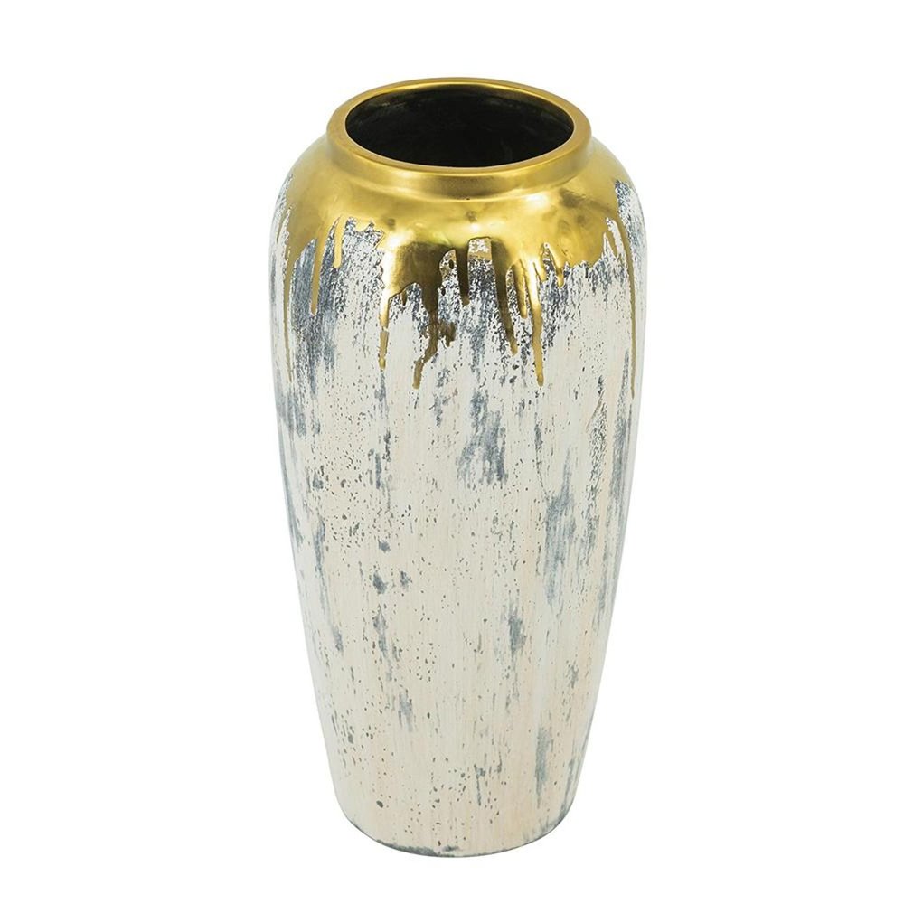 14" Gray Ivory And Gold Modern Abstract Ceramic Table Vase