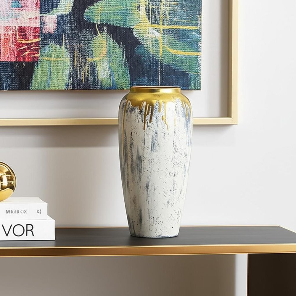 14" Gray Ivory And Gold Modern Abstract Ceramic Table Vase