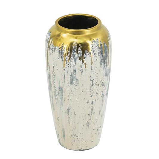 14" Gray Ivory And Gold Modern Abstract Ceramic Table Vase