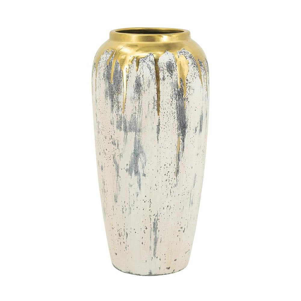 14" Gray Ivory And Gold Modern Abstract Ceramic Table Vase