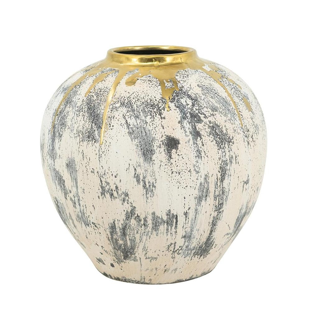 12" Gray Ivory And Gold Modern Abstract Ceramic Table Vase