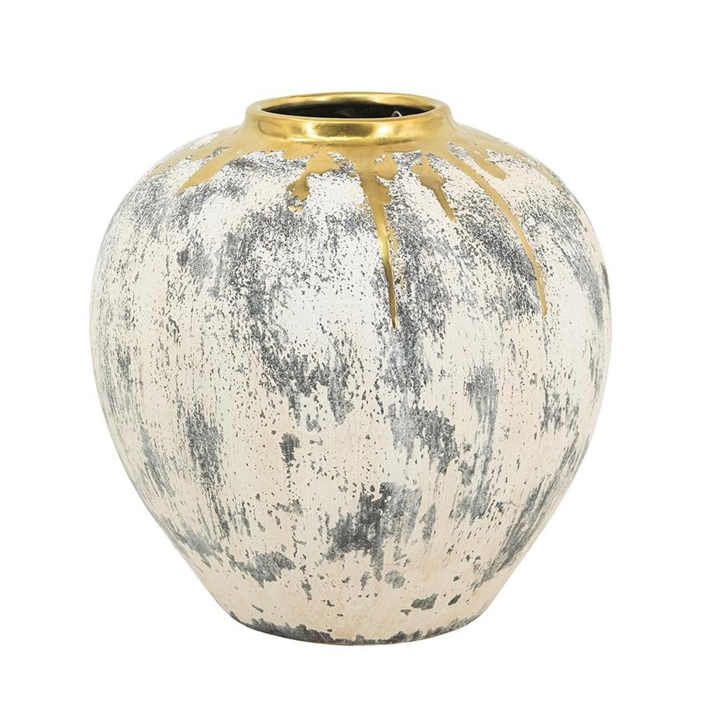 12" Gray Ivory And Gold Modern Abstract Ceramic Table Vase