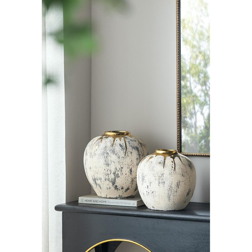 12" Gray Ivory And Gold Modern Abstract Ceramic Table Vase