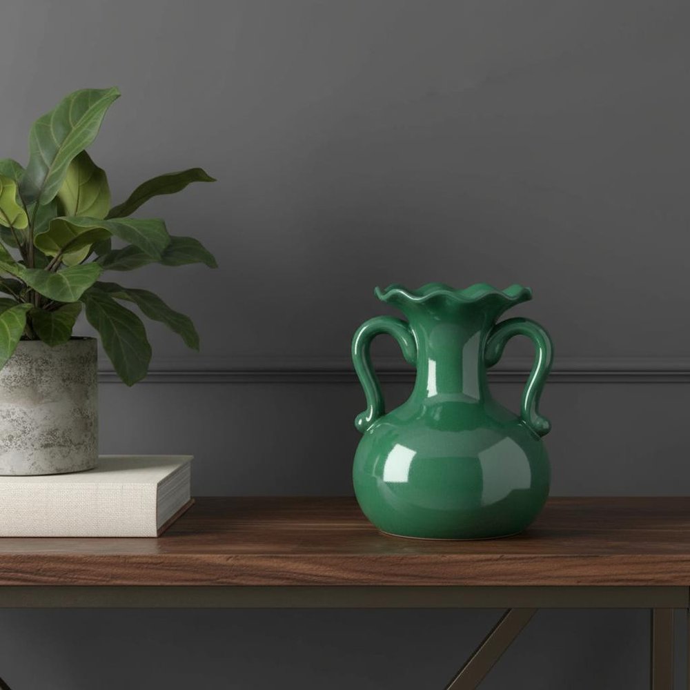 8" Hunter Green Amphora Ceramic Table Vase With Does Not Apply