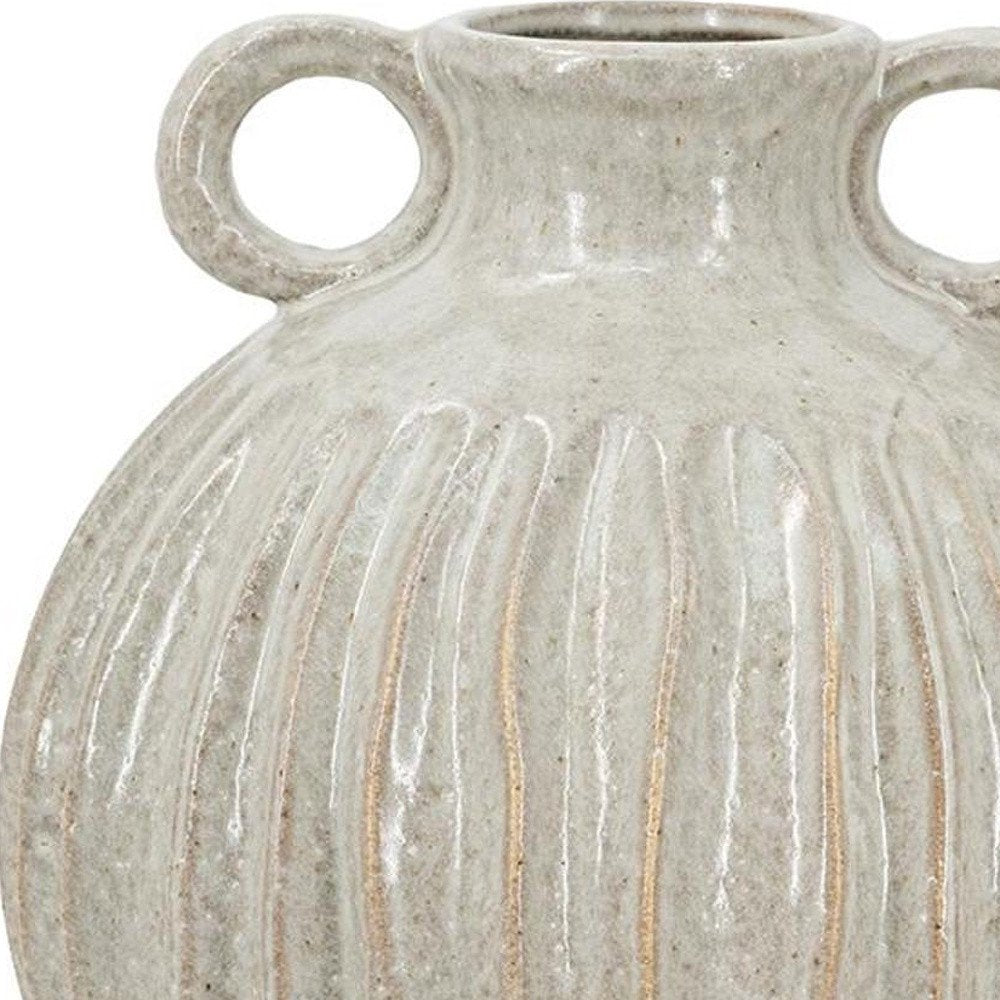 10" Sage And Gray Round With Handles Ceramic Table Vase
