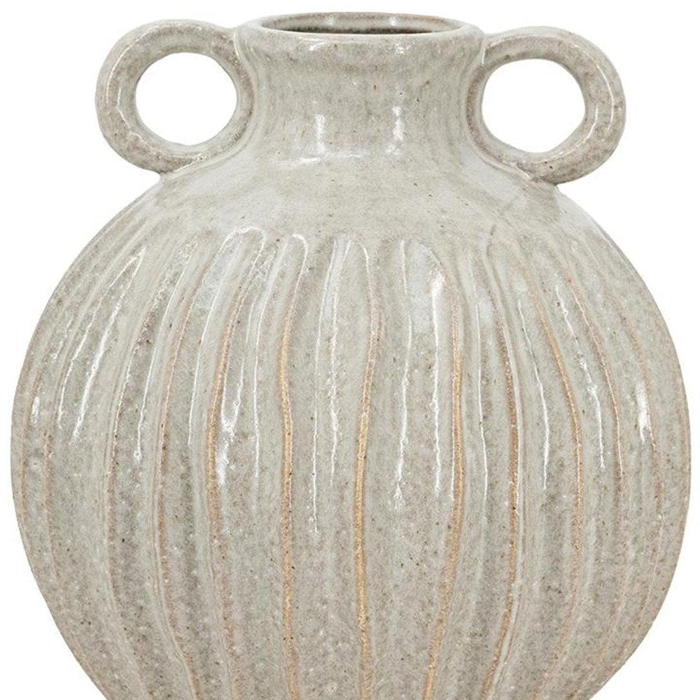 10" Sage And Gray Round With Handles Ceramic Table Vase