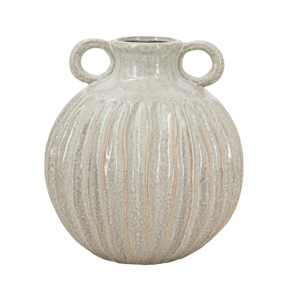 10" Sage And Gray Round With Handles Ceramic Table Vase