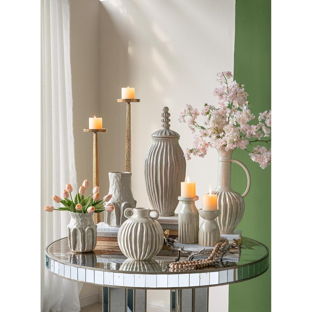 10" Sage And Gray Round With Handles Ceramic Table Vase