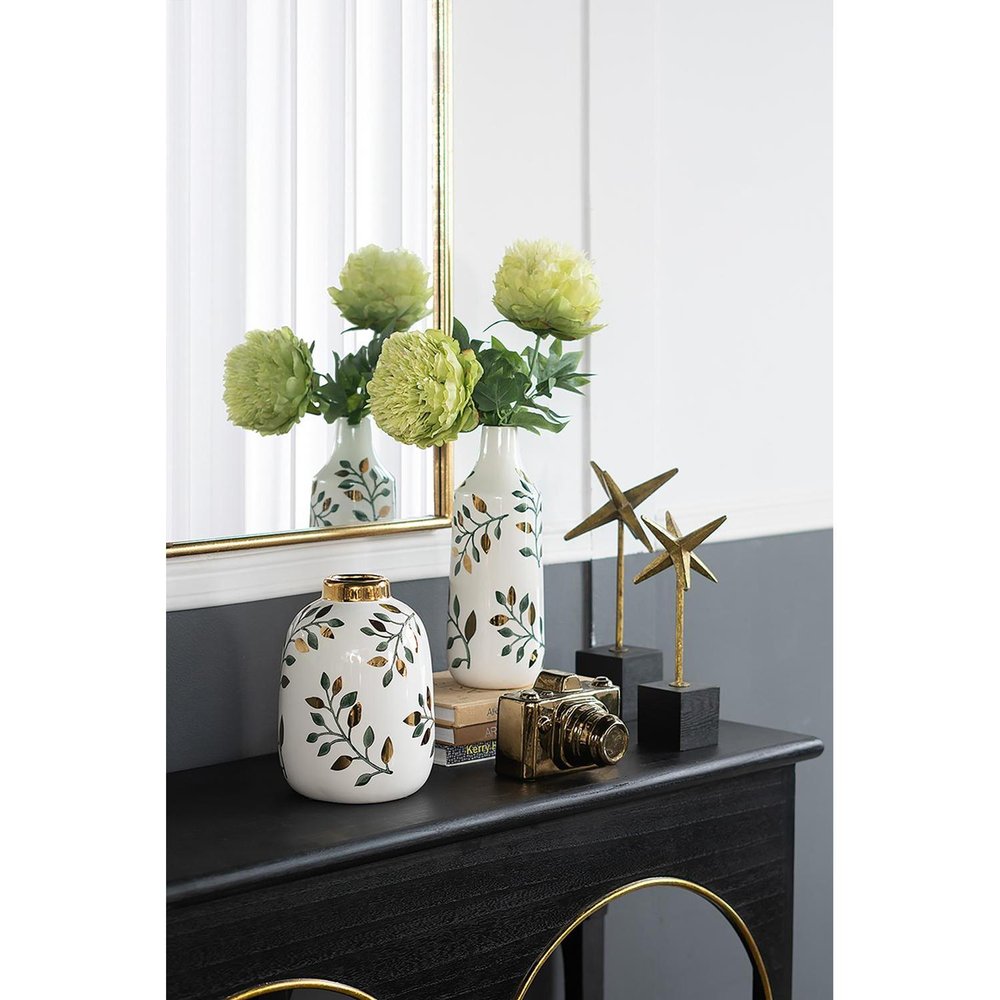 12" White Green And Gold Floral Leaf Bud Ceramic Table Vase