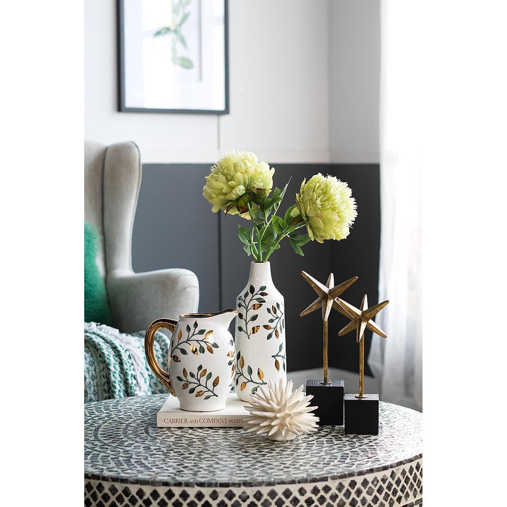 12" White Green And Gold Floral Leaf Bud Ceramic Table Vase
