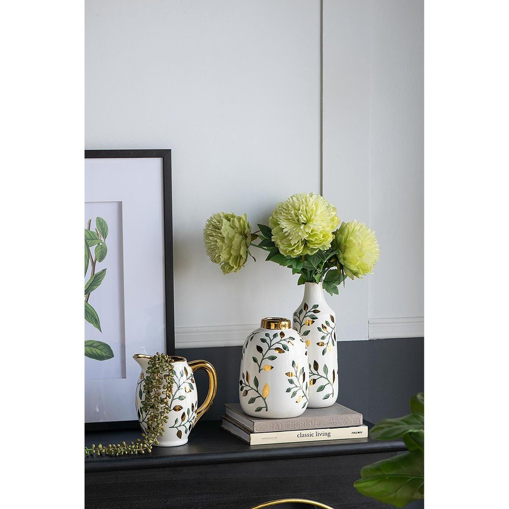 12" White Green And Gold Floral Leaf Bud Ceramic Table Vase