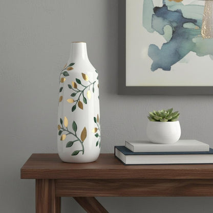 12" White Green And Gold Floral Leaf Bud Ceramic Table Vase