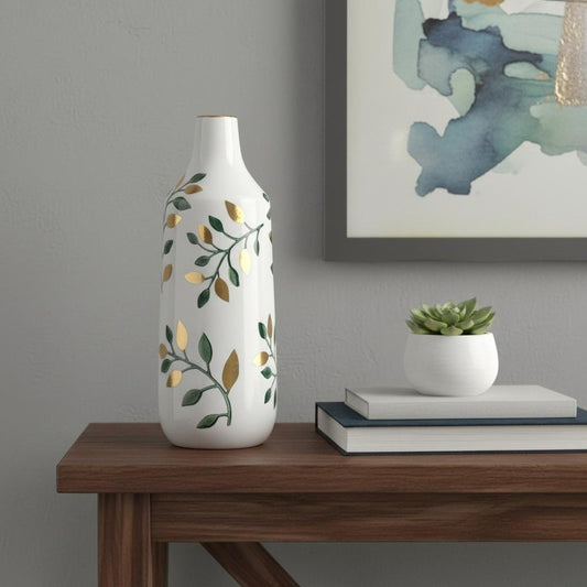 12" White Green And Gold Floral Leaf Bud Ceramic Table Vase