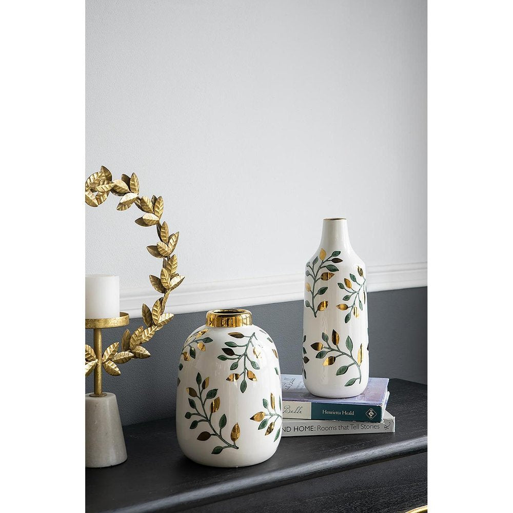 12" White Green And Gold Floral Leaf Bud Ceramic Table Vase