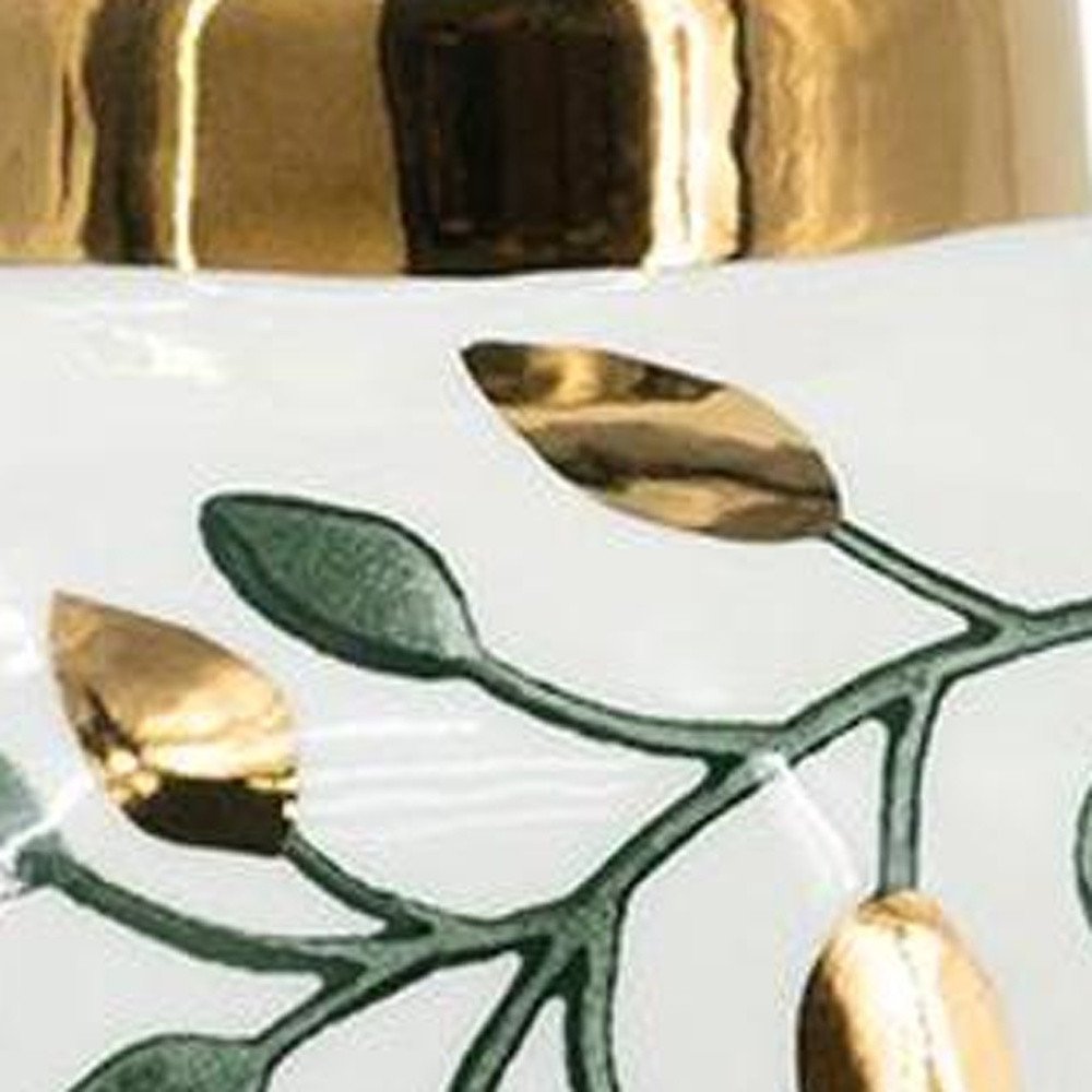 9" White Green And Gold Leaf Round Ceramic Table Vase