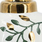 9" White Green And Gold Leaf Round Ceramic Table Vase
