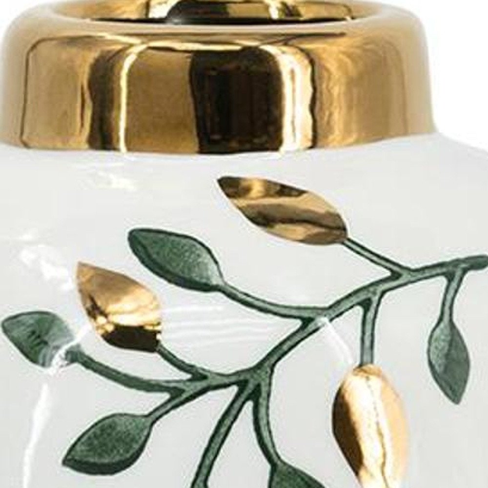 9" White Green And Gold Leaf Round Ceramic Table Vase