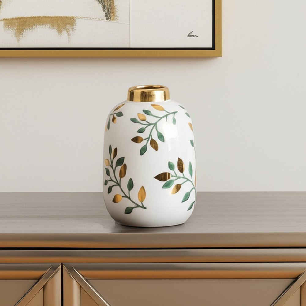 9" White Green And Gold Leaf Round Ceramic Table Vase