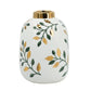 9" White Green And Gold Leaf Round Ceramic Table Vase