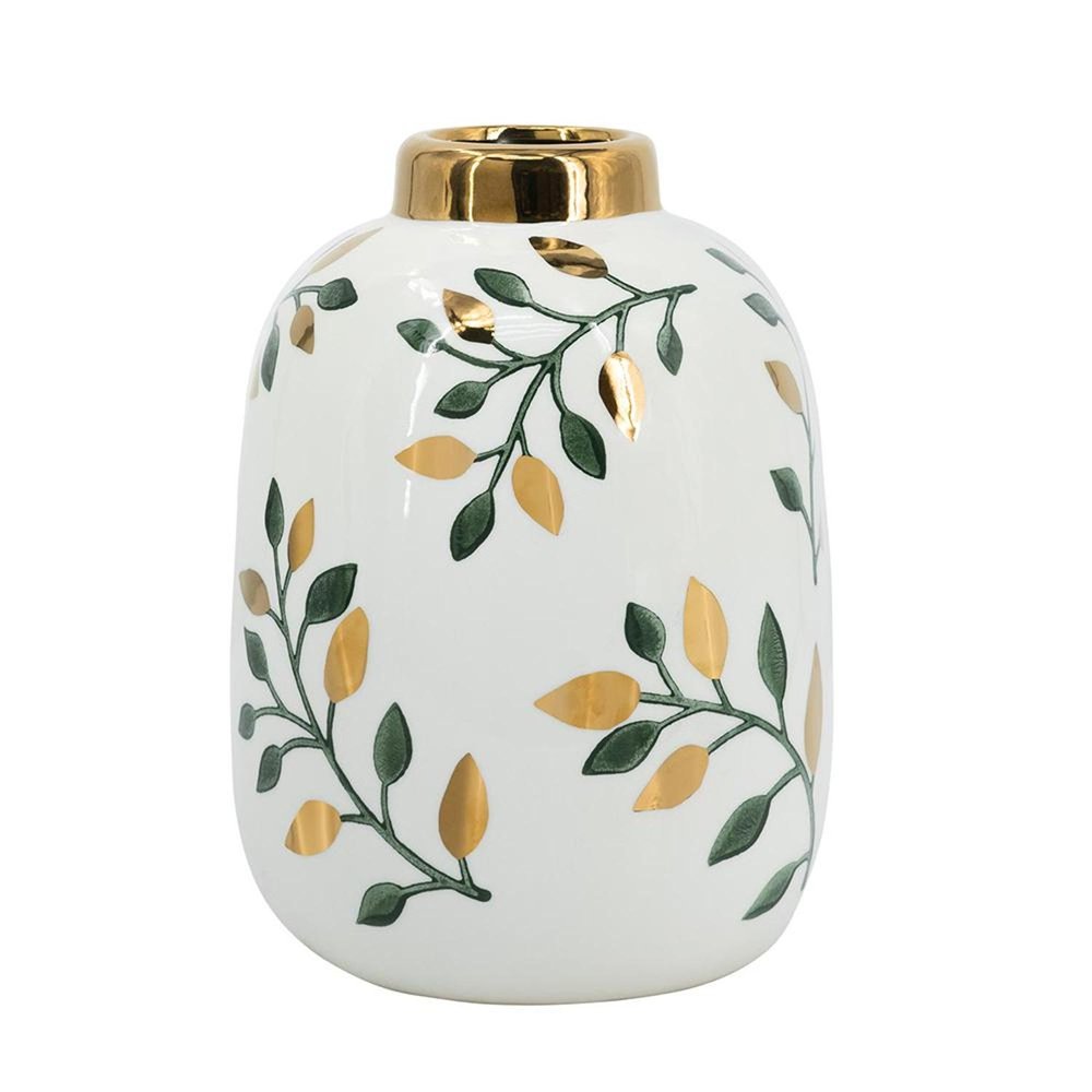 9" White Green And Gold Leaf Round Ceramic Table Vase