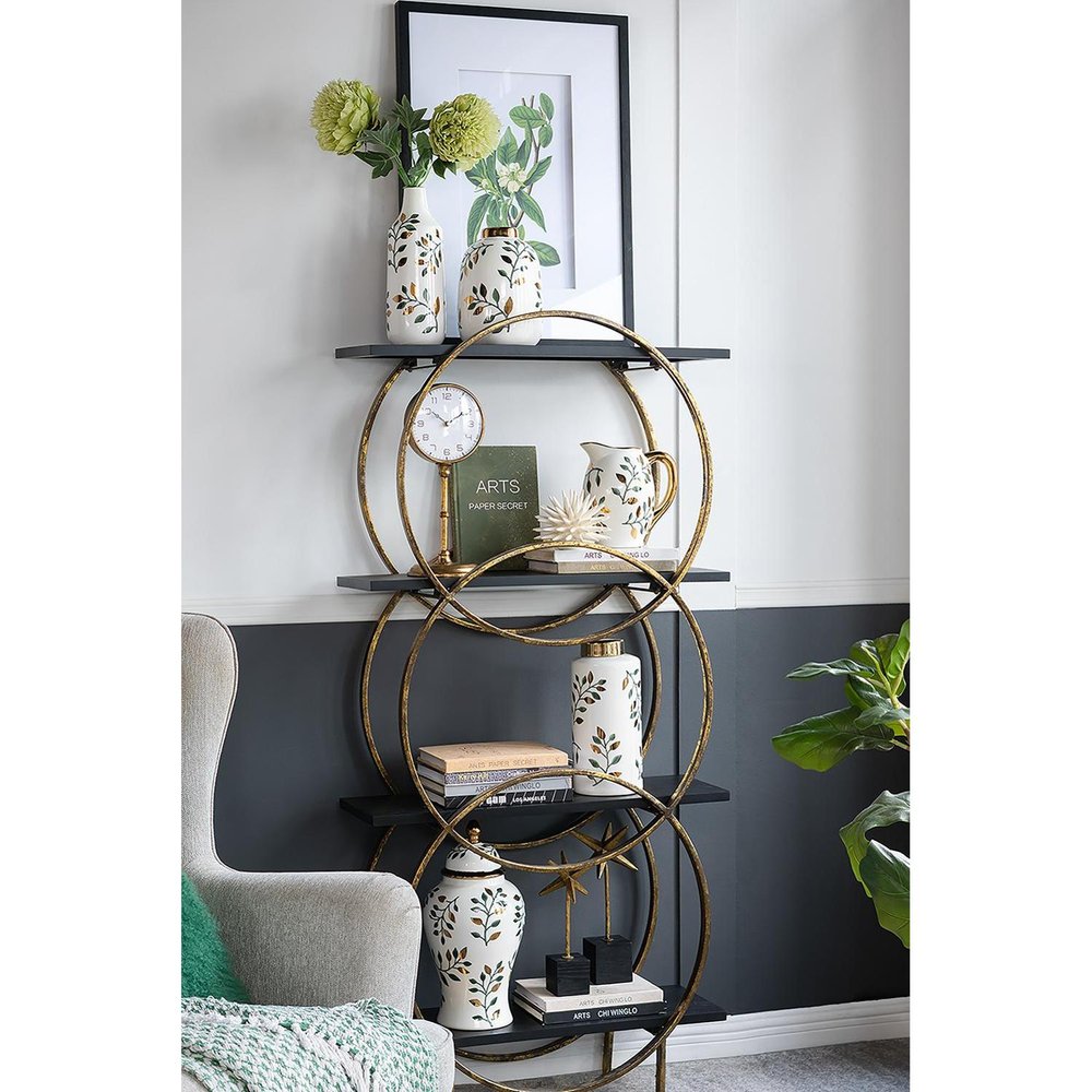 9" White Green And Gold Leaf Round Ceramic Table Vase