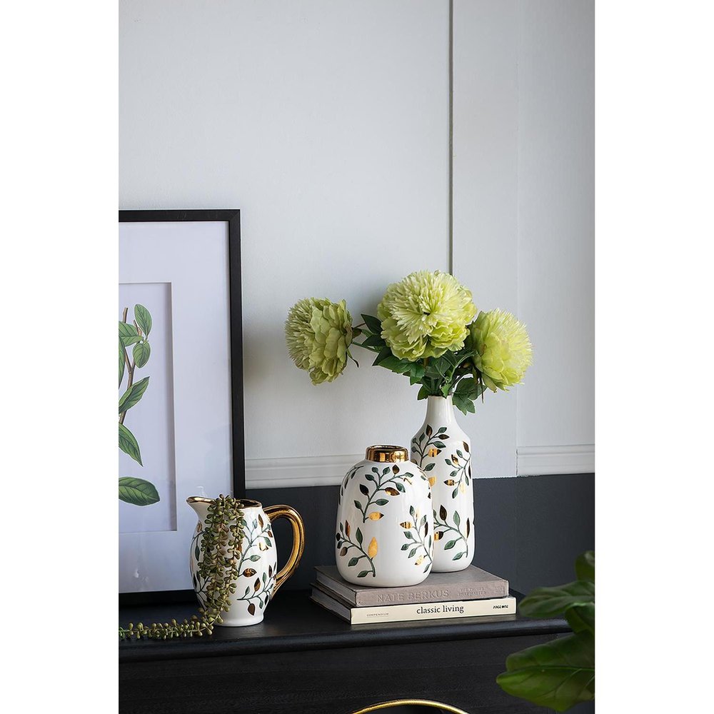 9" White Green And Gold Leaf Round Ceramic Table Vase