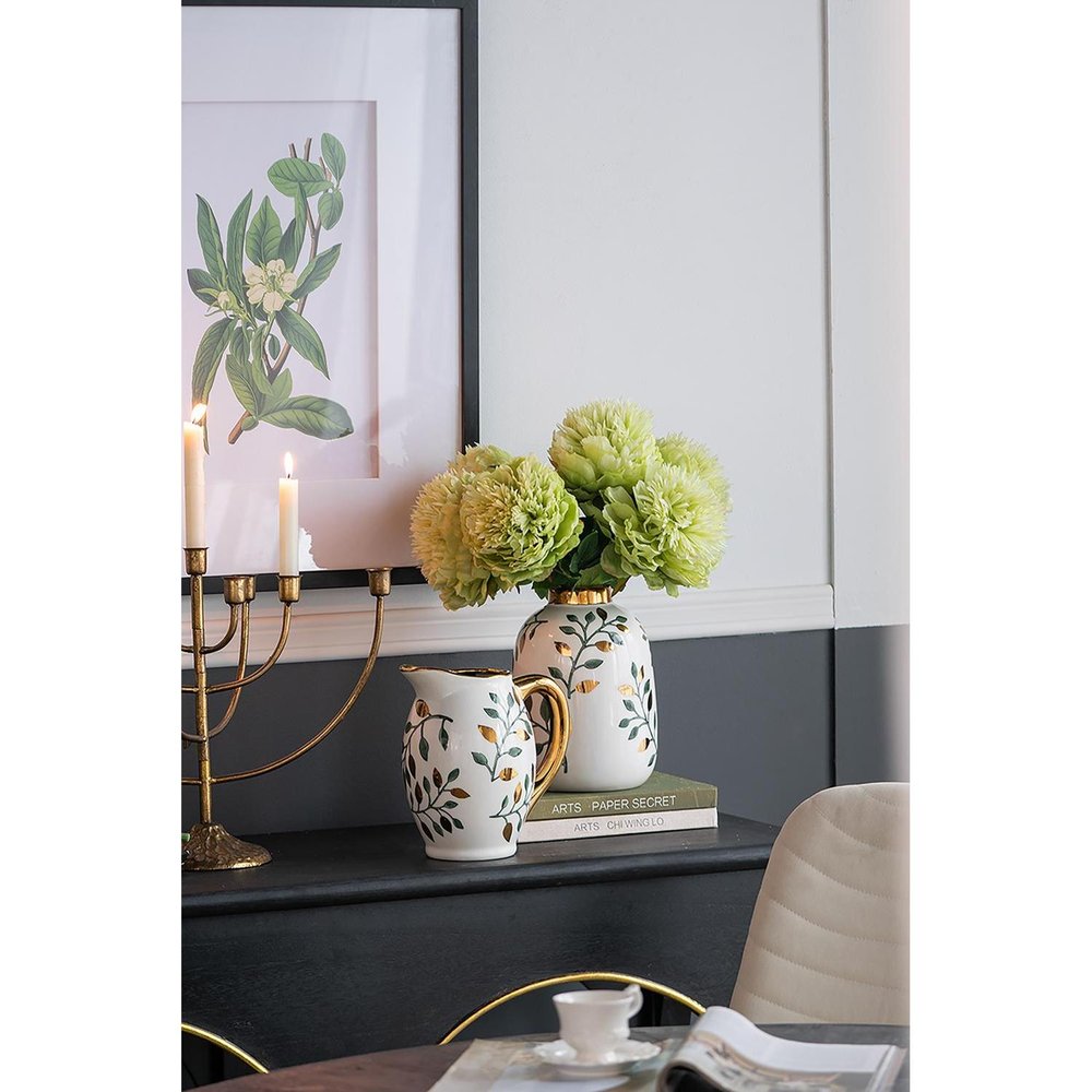 9" White Green And Gold Leaf Round Ceramic Table Vase