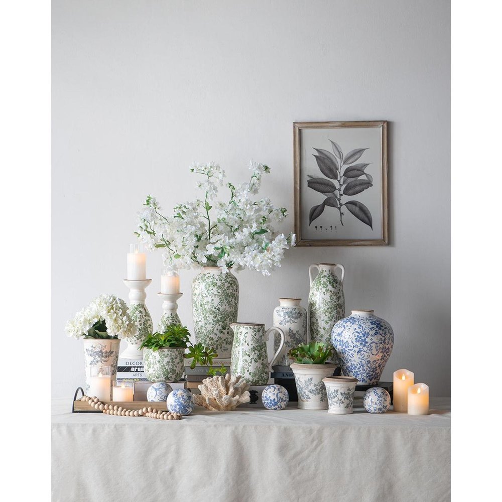 15" Green and White Leaf Trumpet Ceramic Table Vase With Does Not Apply