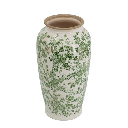 15" Green And White Leaf Ceramic Trumpet Table Vase