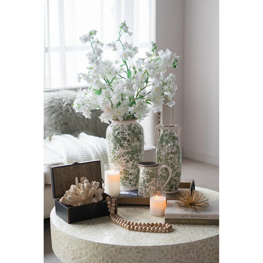 15" Green and White Leaf Trumpet Ceramic Table Vase With Does Not Apply