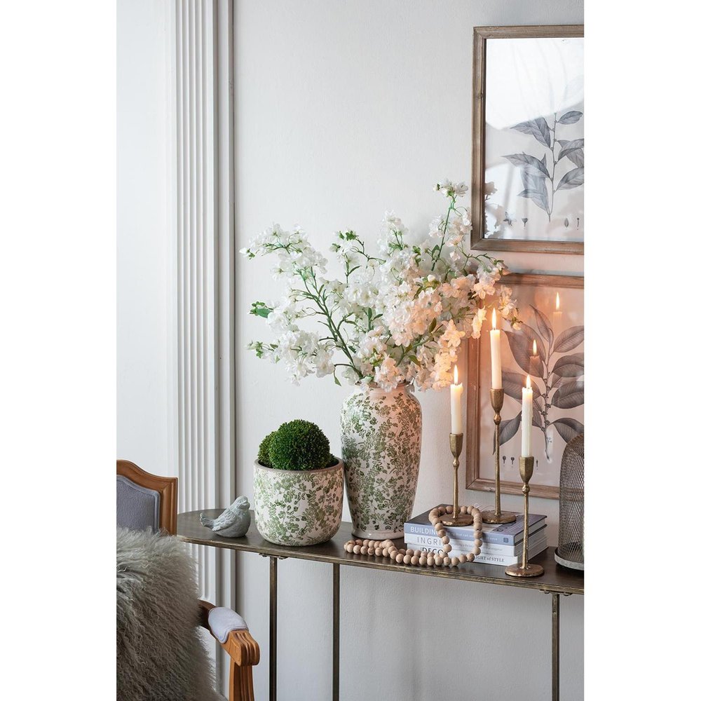 15" Green and White Leaf Trumpet Ceramic Table Vase With Does Not Apply