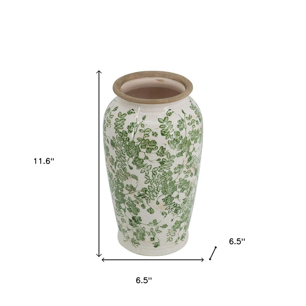 12" Green and White Leaf Round Ceramic Table Vase With Does Not Apply