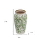 12" Green And White Leaf Ceramic Round Table Vase
