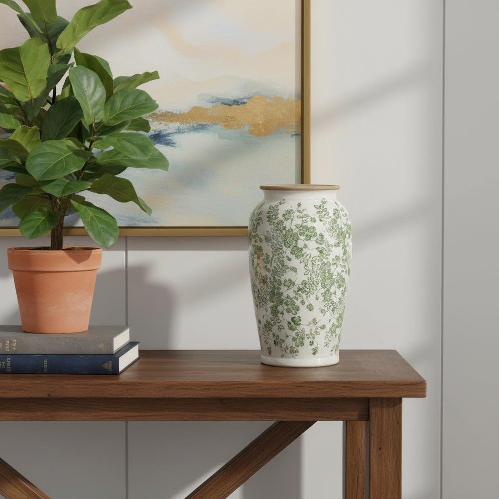 12" Green and White Leaf Round Ceramic Table Vase With Does Not Apply