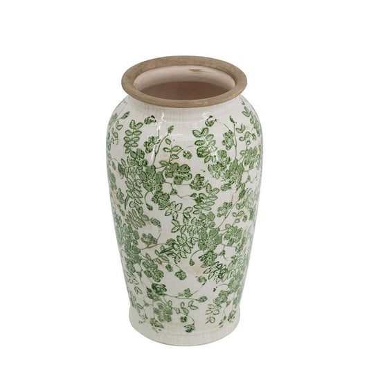 12" Green And White Leaf Ceramic Round Table Vase