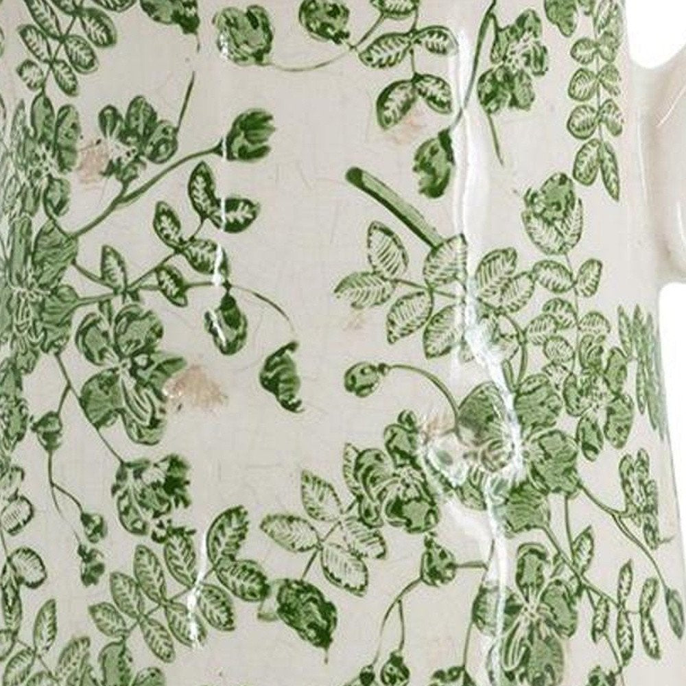 9" Green and White Leaf Round Ceramic Jug Vase With Does Not Apply