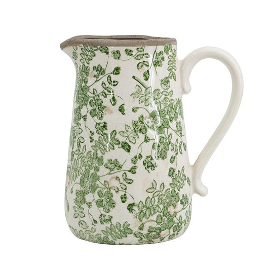 9" Green And White Leaf Ceramic Round Jug Vase