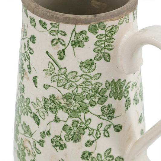 9" Green And White Leaf Ceramic Round Jug Vase