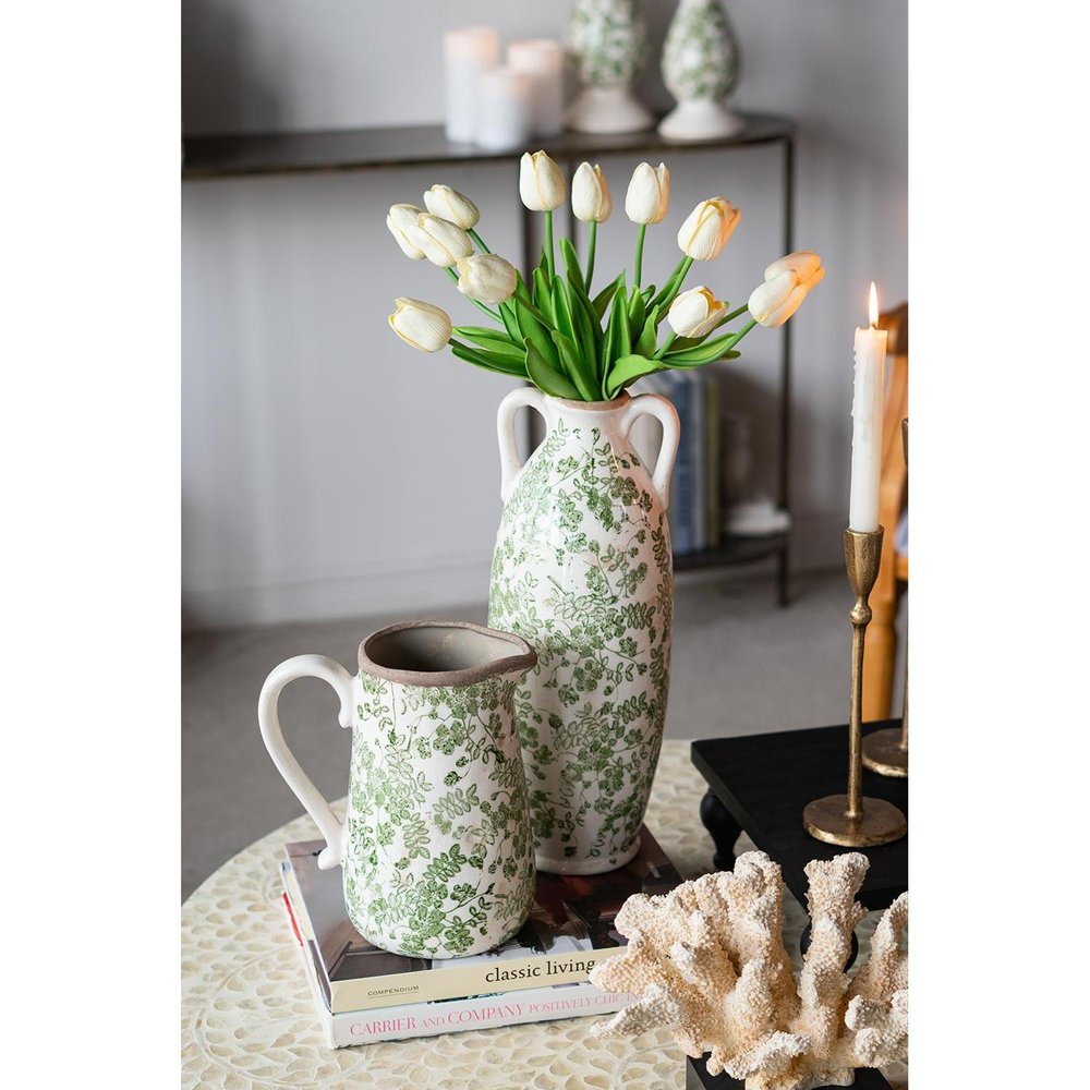9" Green and White Leaf Round Ceramic Jug Vase With Does Not Apply