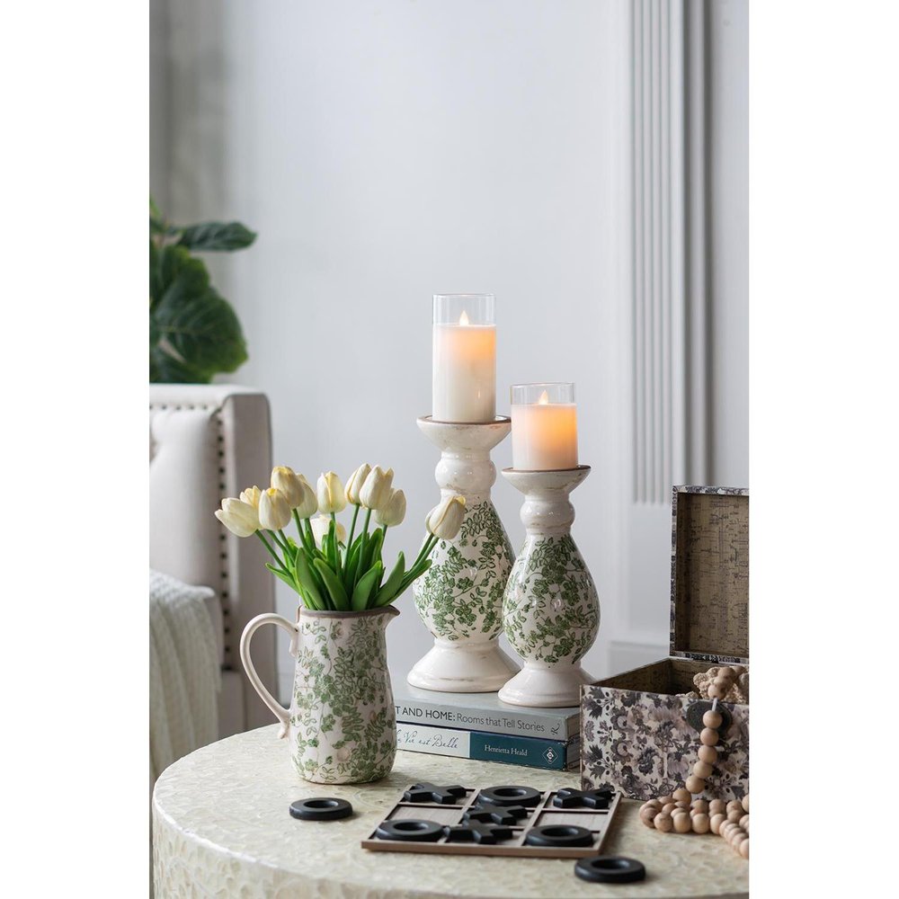 9" Green and White Leaf Round Ceramic Jug Vase With Does Not Apply