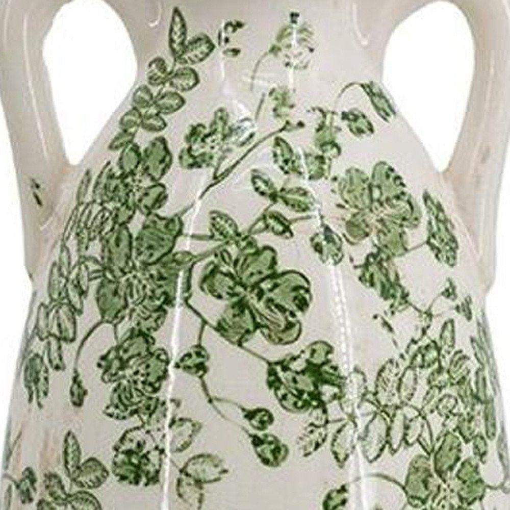 14" Green and White Leaf Amphora Ceramic Table Vase With Does Not Apply